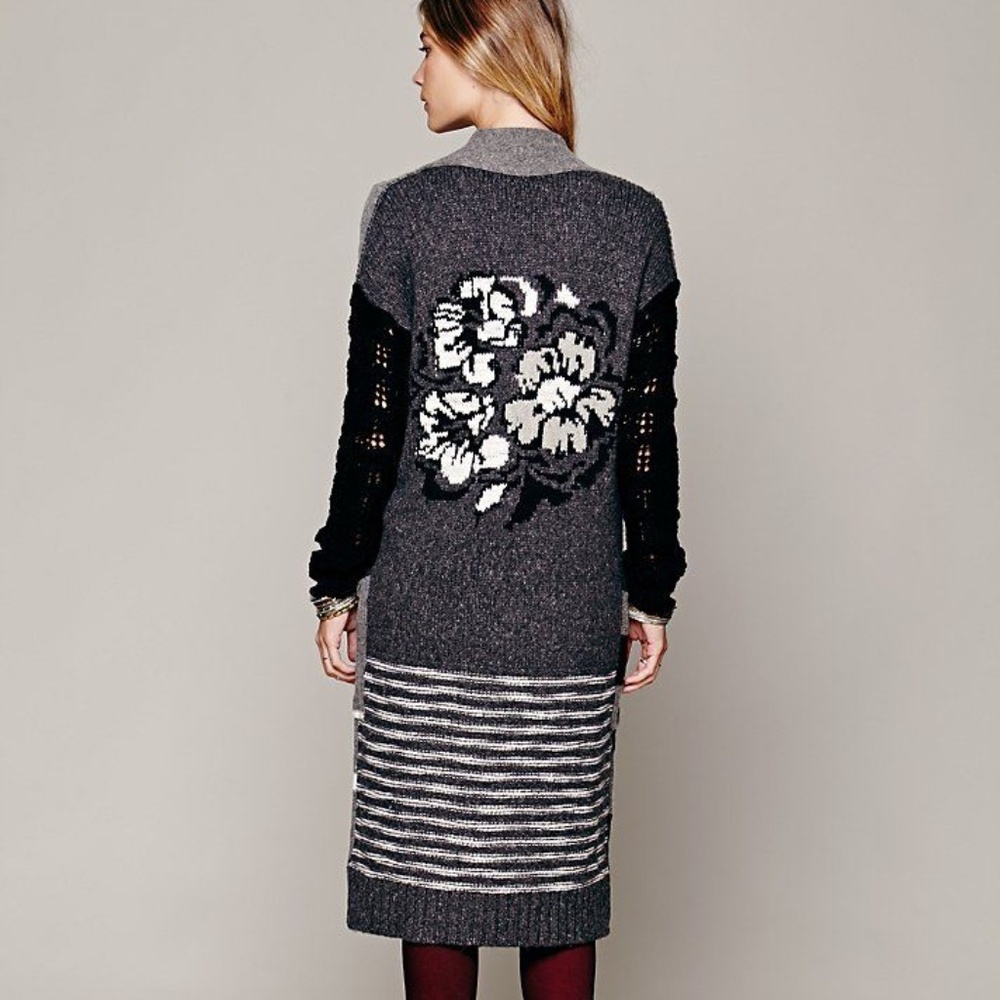 Free People Gray Floral Knit Long Cardigan with Black Sleeves